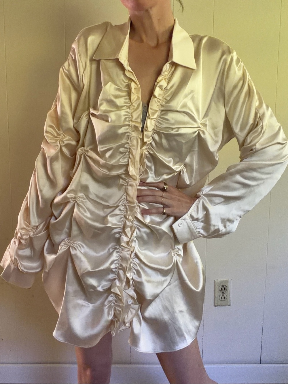 Silky Ruched Button-Down Shirt Dress in Champagne cottage fairy